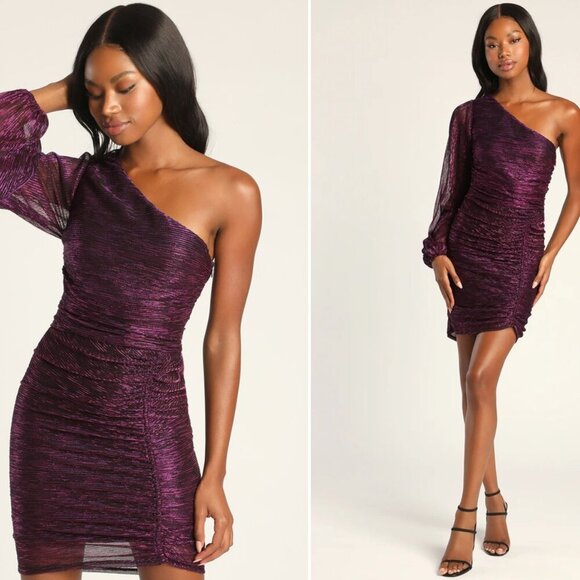 Lulus Outstanding Shine Magenta Purple Metallic One-Shoulder Mini Dress Large - Picture 1 of 10